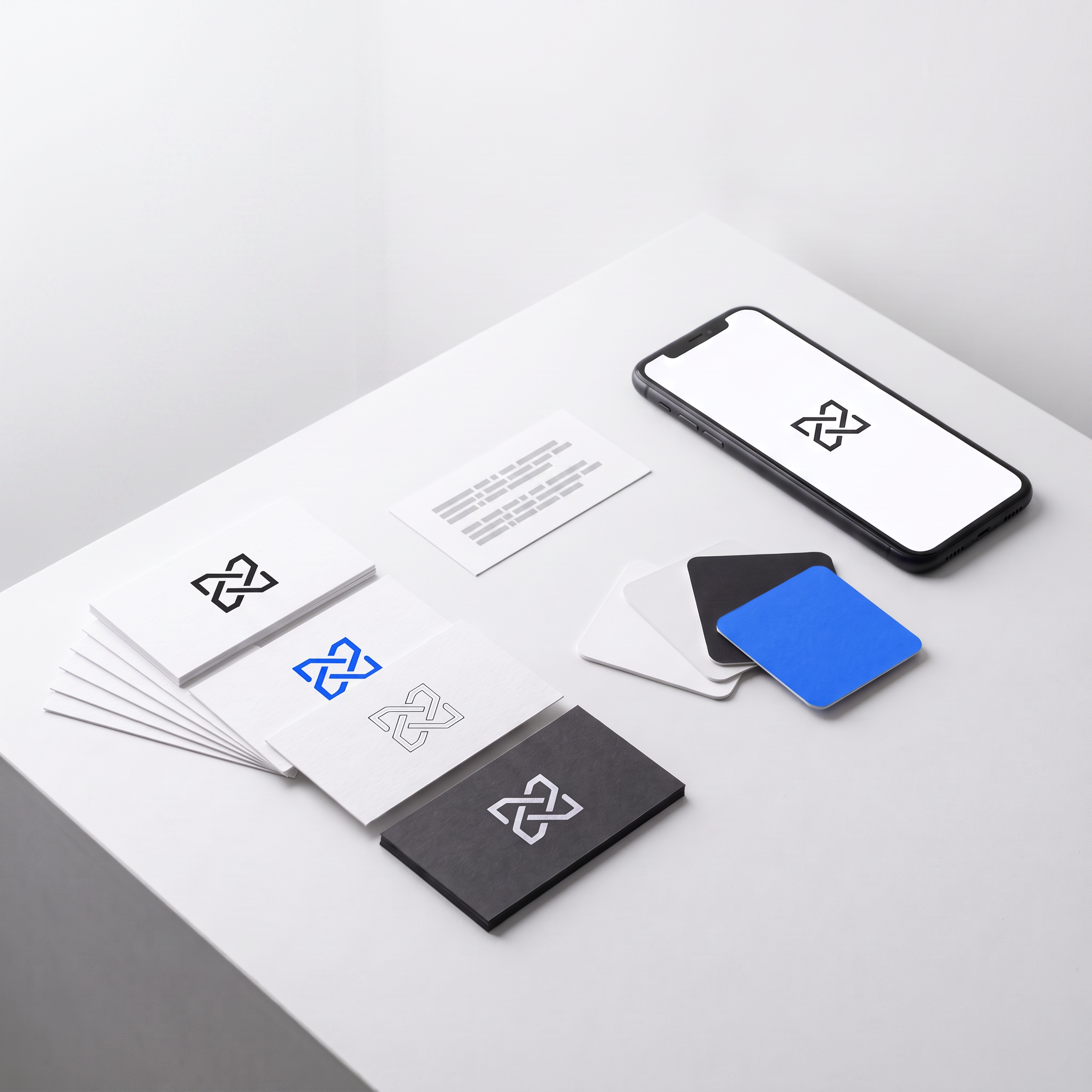 Logo- und Branding-Kit: Logo-Varianten, Farbpalette und Schriften auf einem Tisch