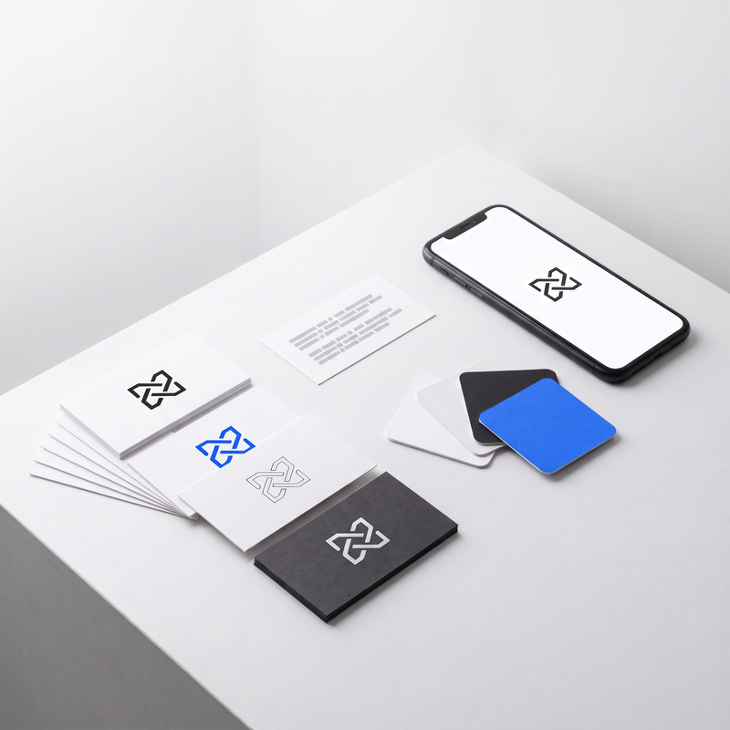 Logo- und Branding-Kit: Logo-Varianten, Farbpalette und Schriften auf einem Tisch