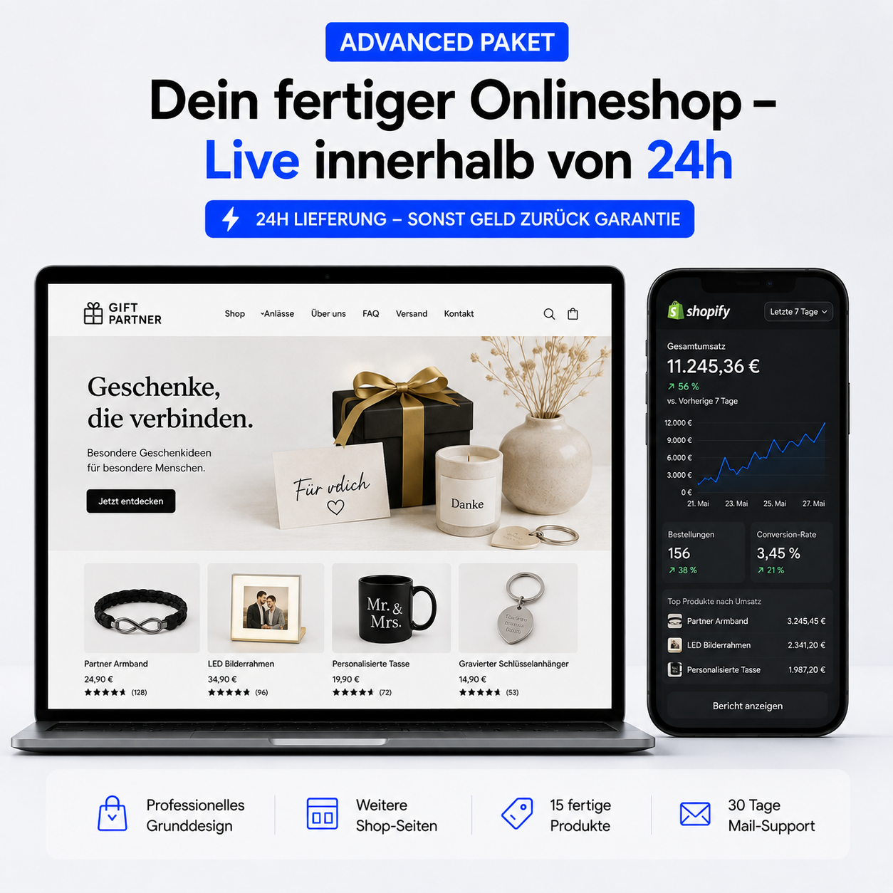 Advanced Paket: weitere Shop-Seiten, 15 fertige Produkte, 30 Tage Mail-Support
