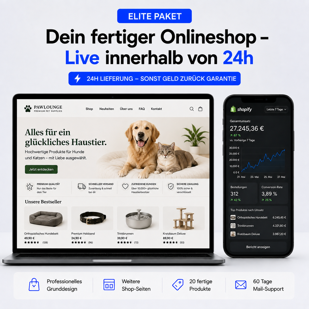 Elite Paket: weitere Shop-Seiten, 20 fertige Produkte, 60 Tage Mail-Support