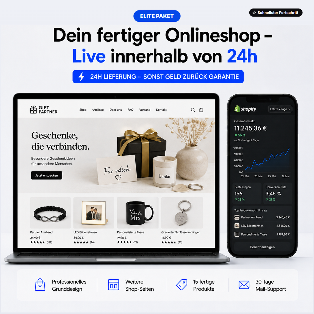 Elite Paket: weitere Shop-Seiten, 15 fertige Produkte, 30 Tage Mail-Support