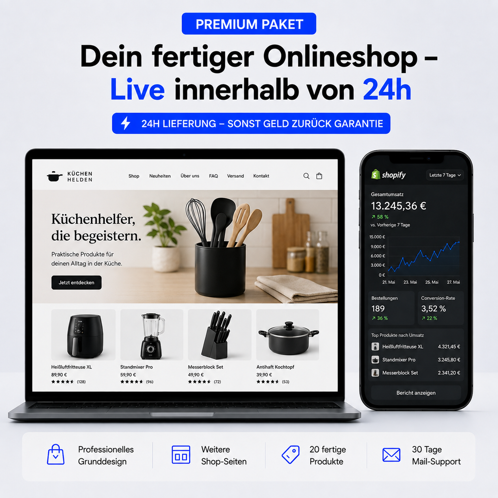 Premium Paket: weitere Shop-Seiten, 20 fertige Produkte, 30 Tage Mail-Support