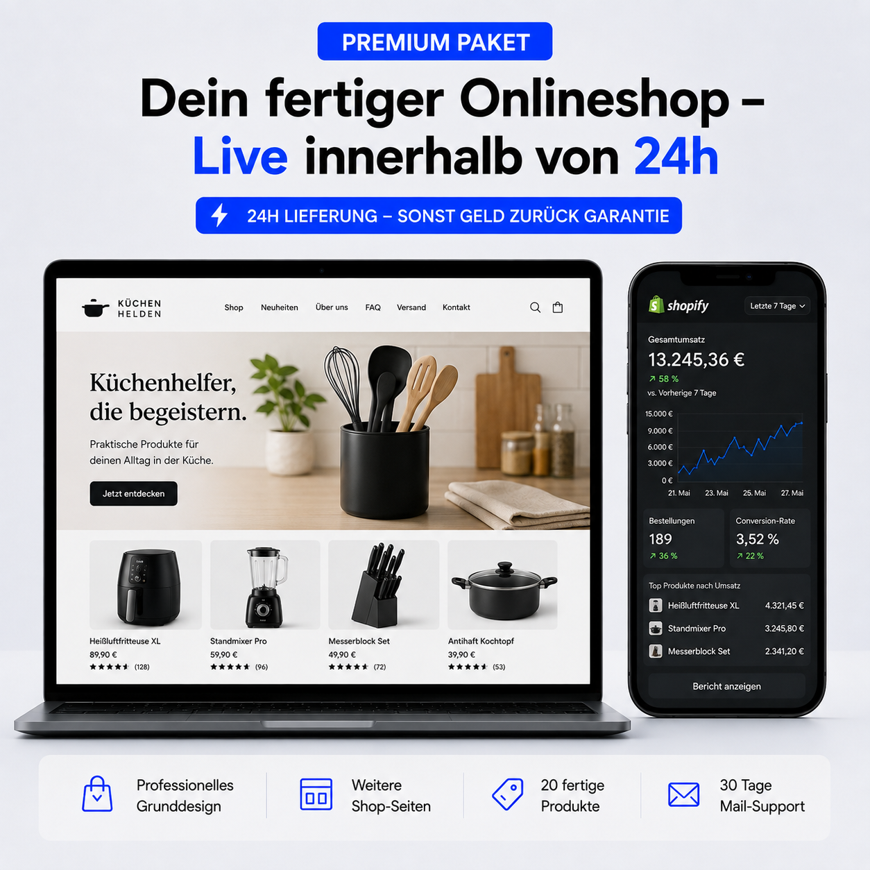 Premium Paket: weitere Shop-Seiten, 20 fertige Produkte, 30 Tage Mail-Support