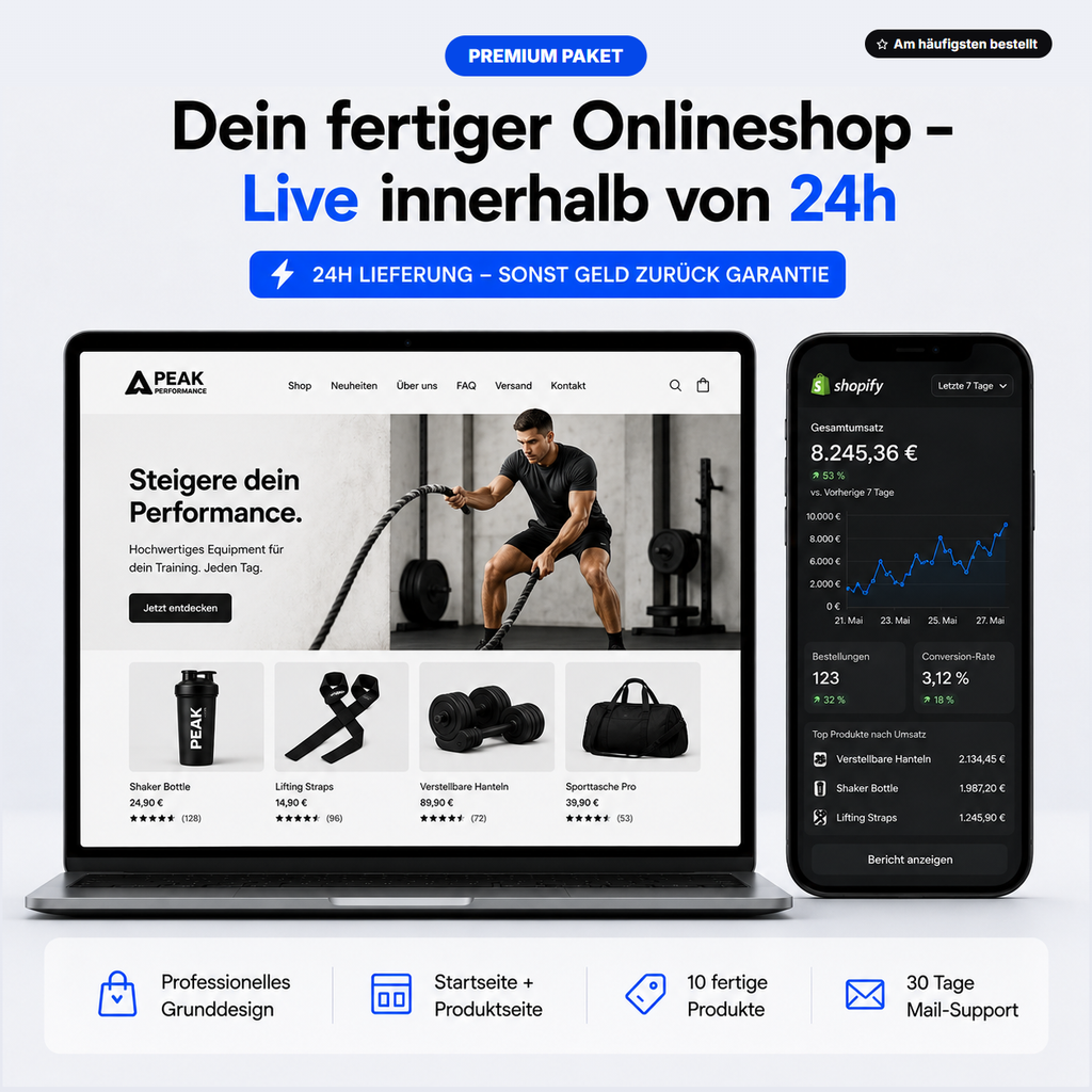 Premium Paket: Über uns, FAQ und Versandseite, 10 fertige Produkte, 30 Tage Mail-Support