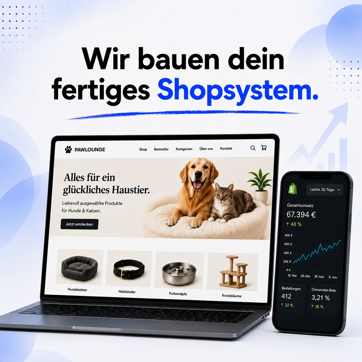 Laptop und Smartphone zeigen dieselbe fertige Shop-Startseite mit deutschen Texten und Preisen in Euro