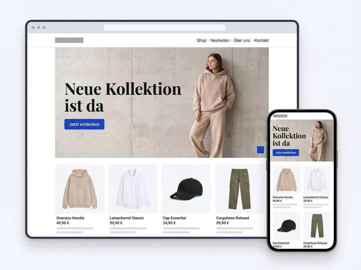 Demo-Ansicht Fashion: Startseite auf Desktop und Smartphone