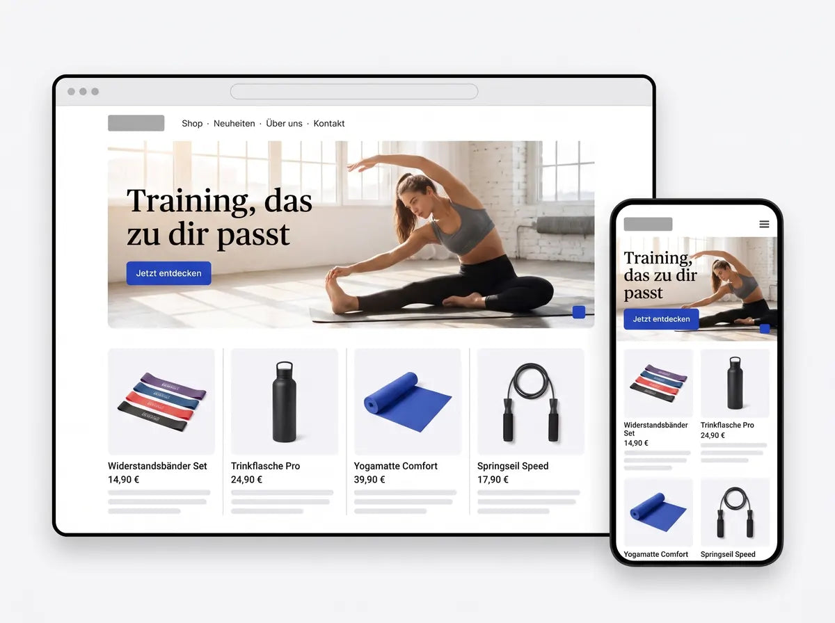 Demo-Ansicht Fitness: Startseite auf Desktop und Smartphone