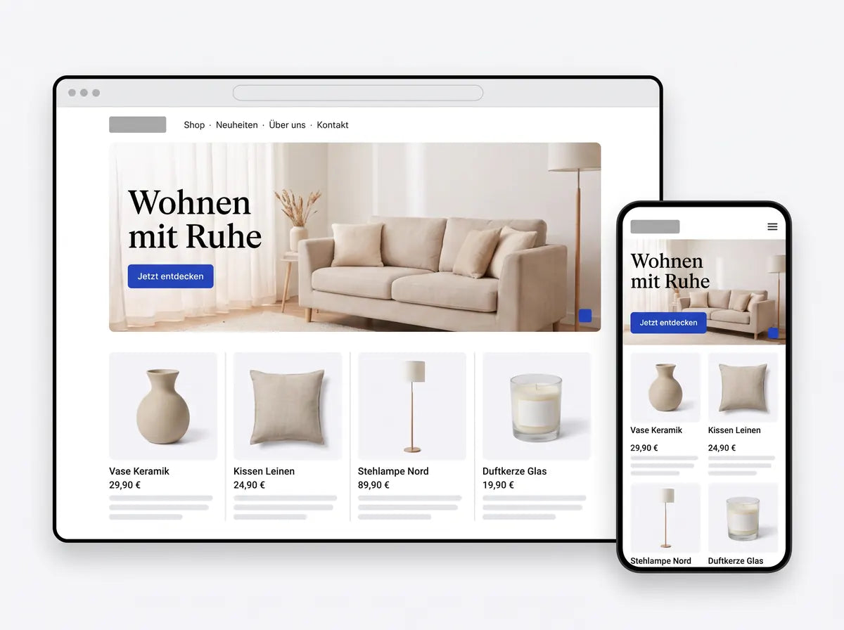 Demo-Ansicht Home & Living: Startseite auf Desktop und Smartphone