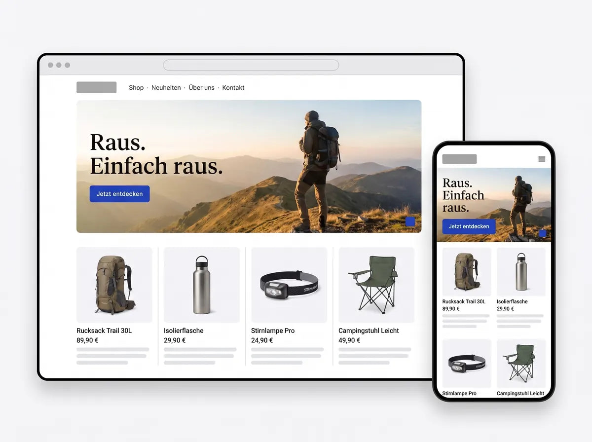 Demo-Ansicht Outdoor: Startseite auf Desktop und Smartphone