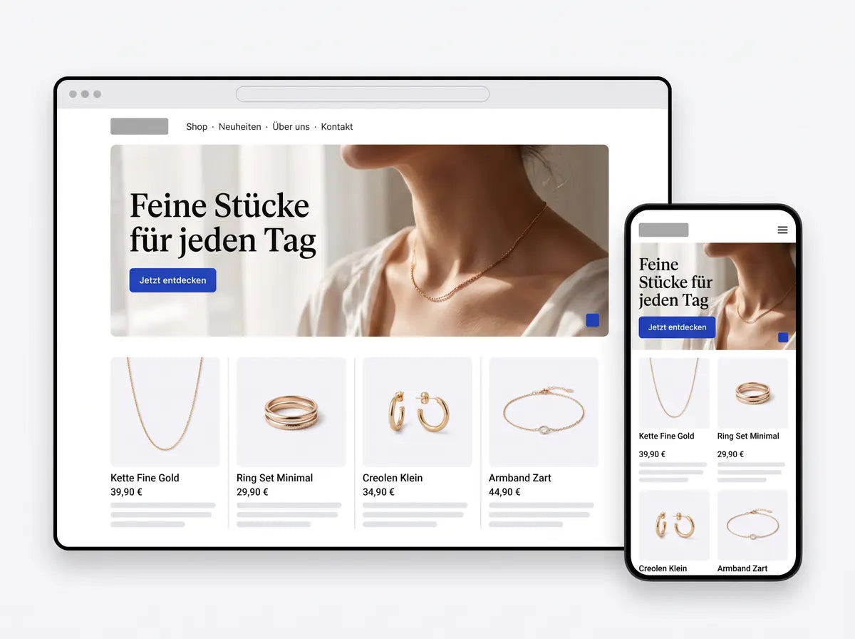 Demo-Ansicht Schmuck: Startseite auf Desktop und Smartphone