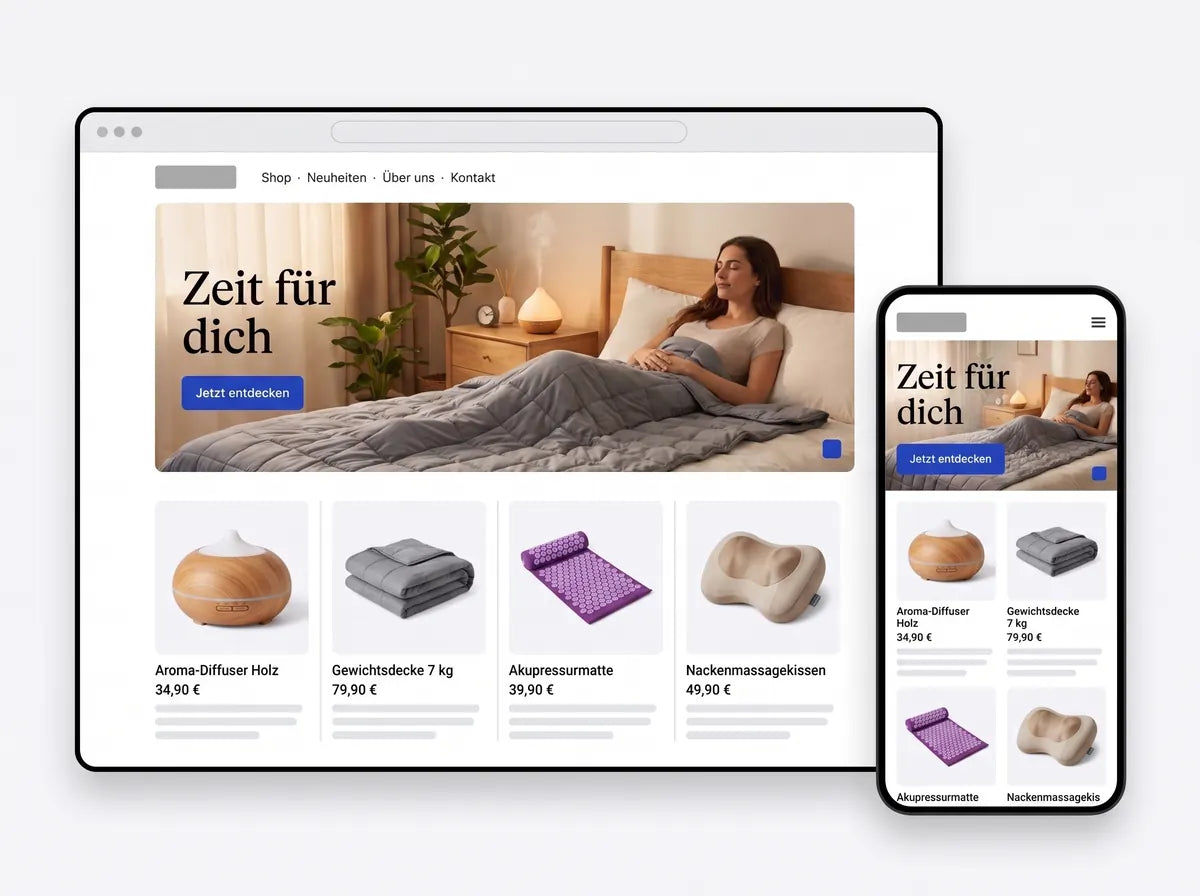 Demo-Ansicht Wellness & Entspannung: Startseite auf Desktop und Smartphone